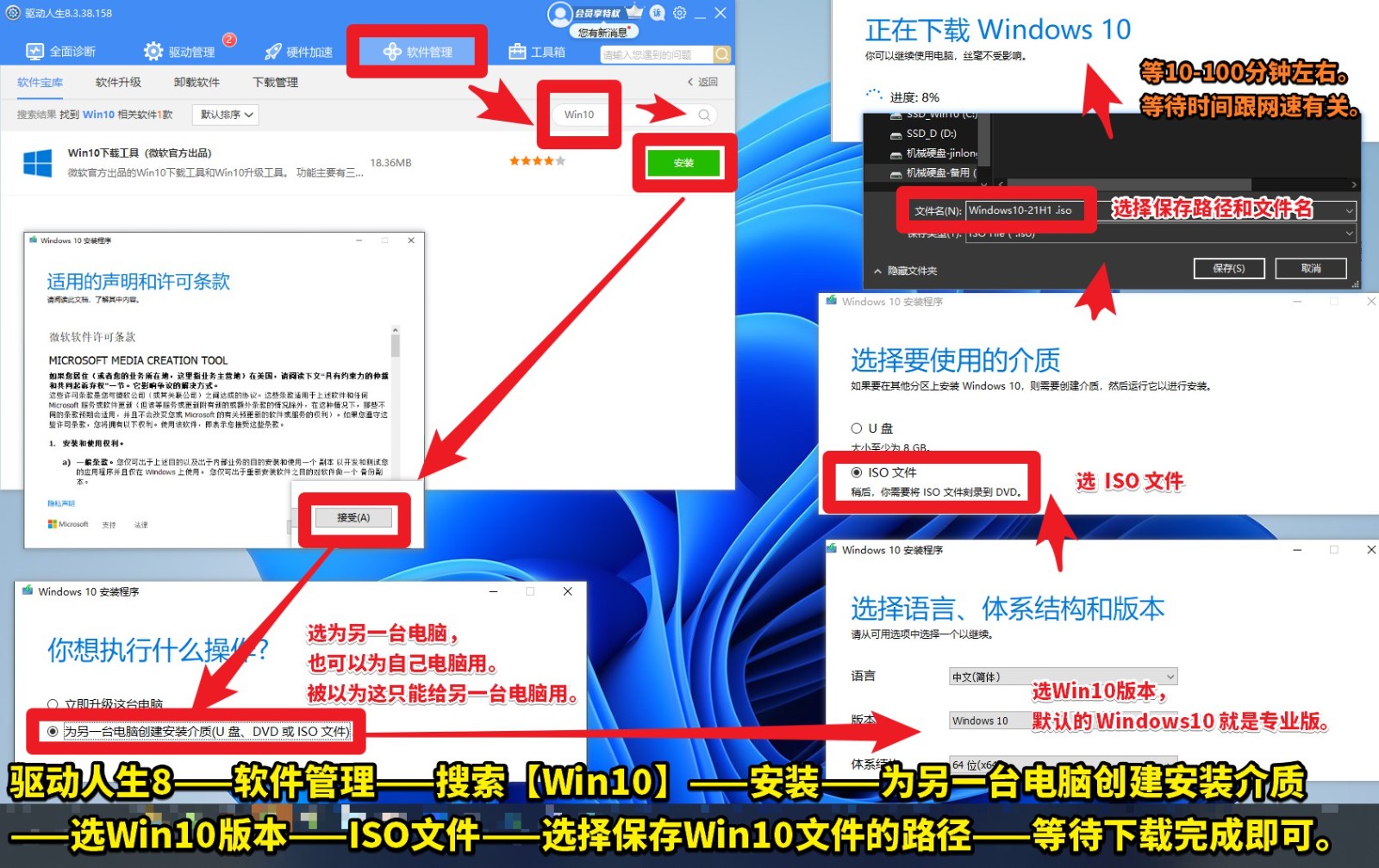 Win10鏡像文件，下載流程圖，驅(qū)動人生8——軟件管理——搜索【W(wǎng)in10】——安裝——為另一臺電腦創(chuàng)建安裝介質(zhì)(1).jpg
