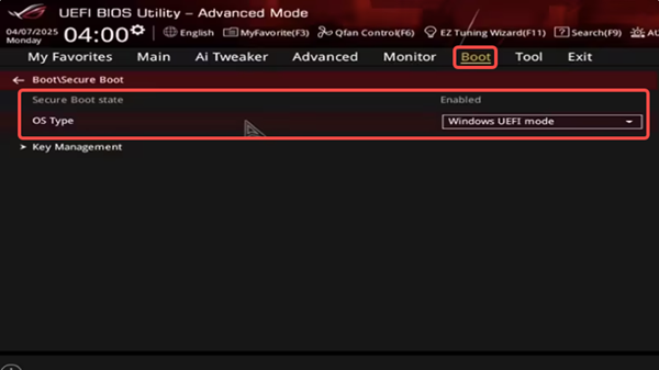 安全啟動設(shè)置為開啟